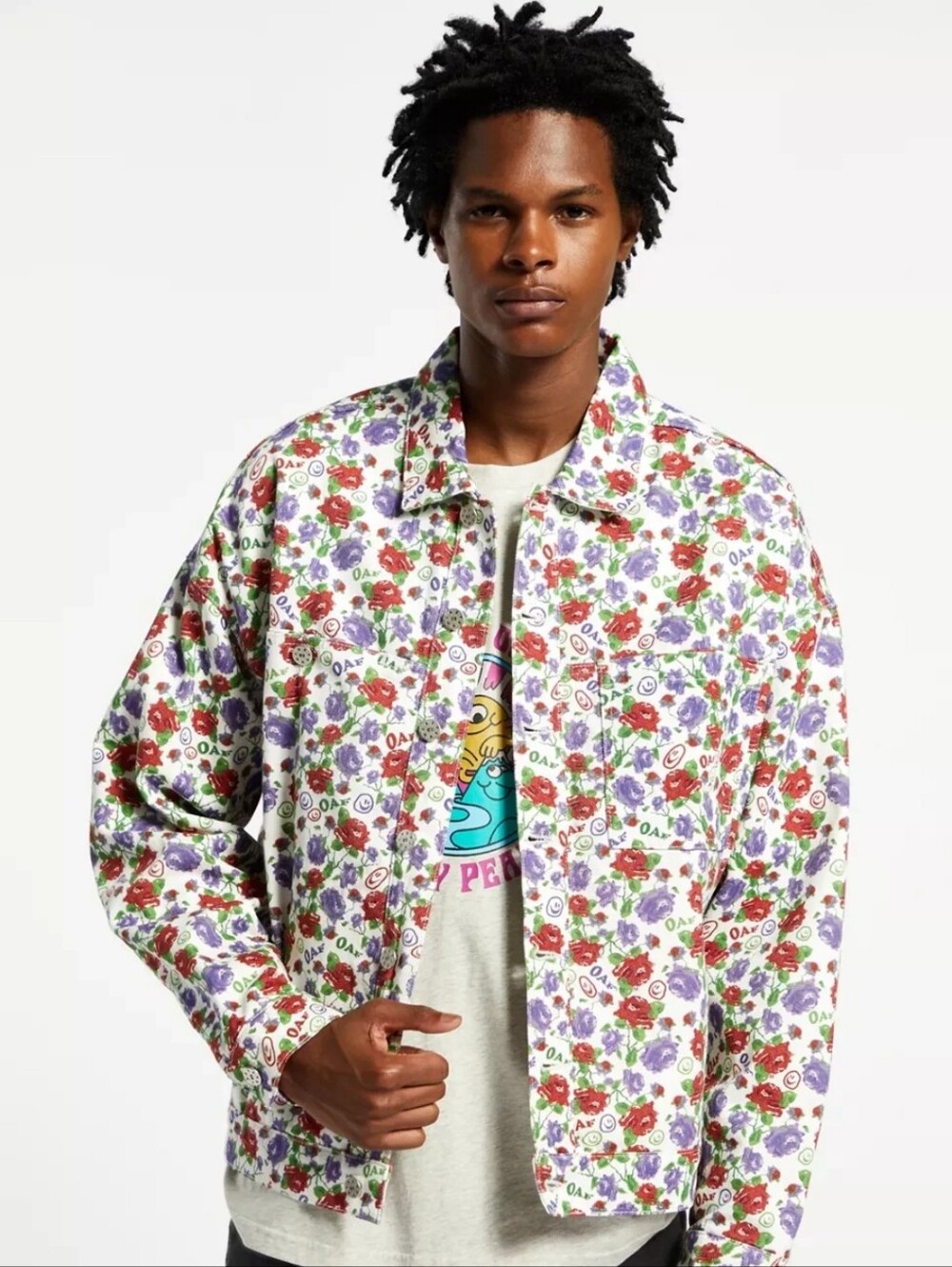 Lazy Oaf Blooming Marvelous Denim Chore Coat Jacket Smiley XL Floral Large NWOT